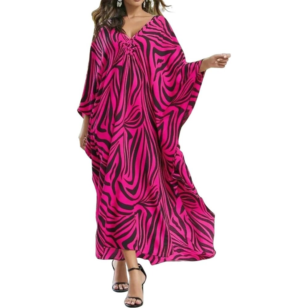 Women's Black Pink Zebra V-neck Batwing Sleeve Flowy Split Bohemian Kaftan Dress